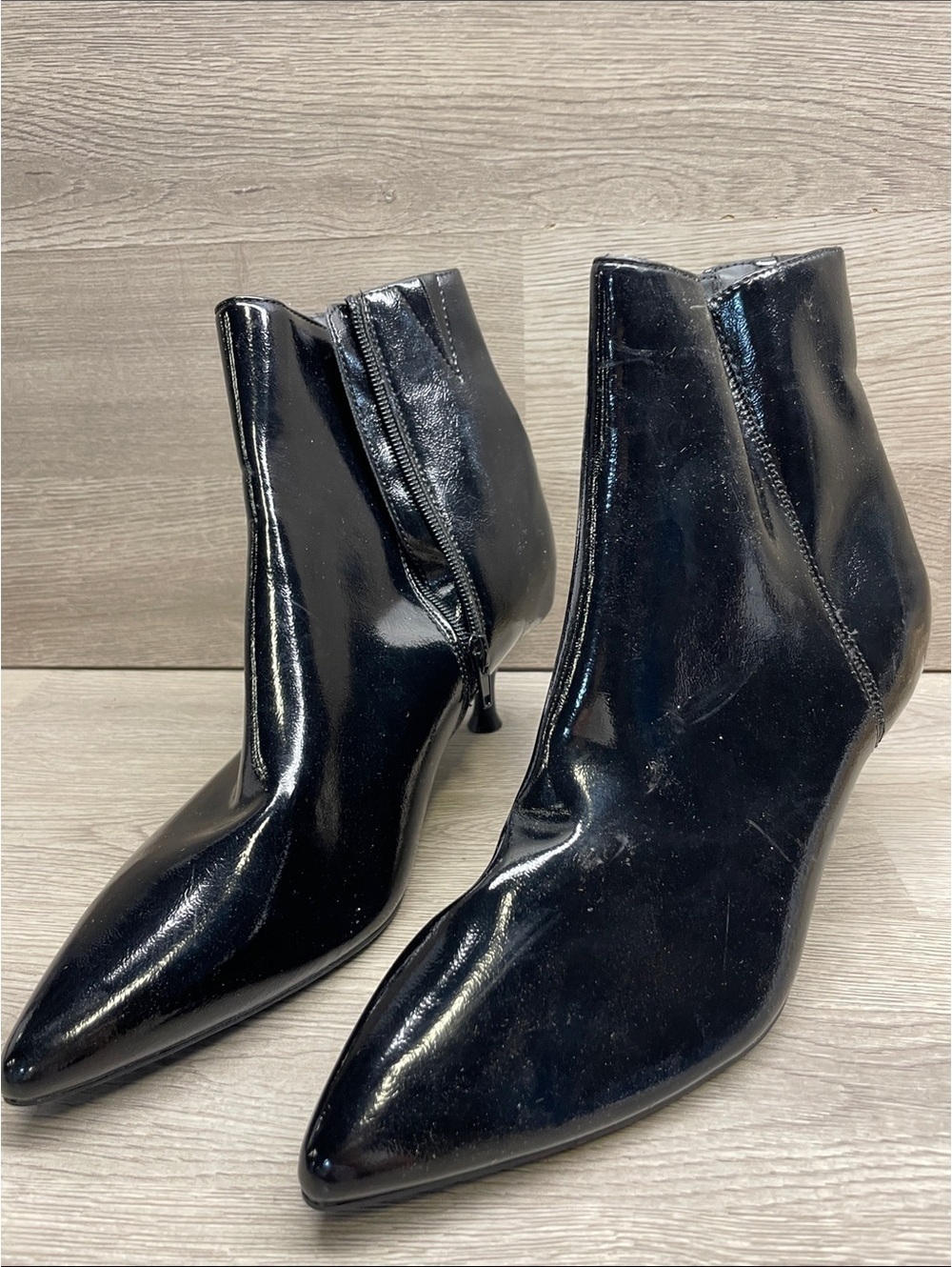 Rachel Zoe Black Patent Pointed Toe Ankle Booties with Side Zipper #1469